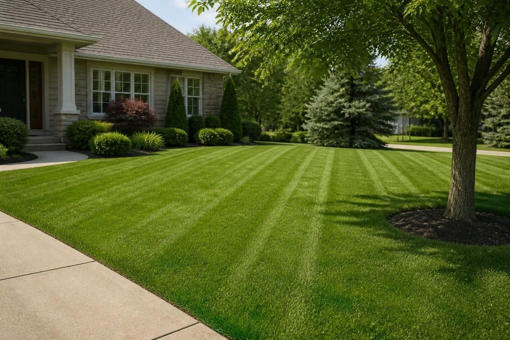 Freshly mowed lawn with crisp stripes and clean edging
