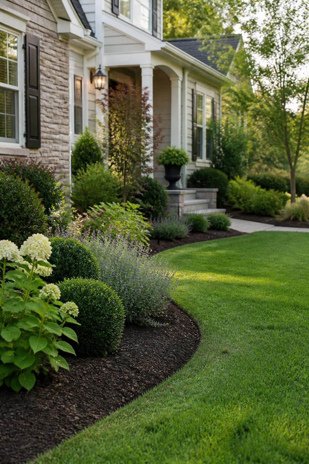 Neatly maintained front yard with trimmed grass and mulch