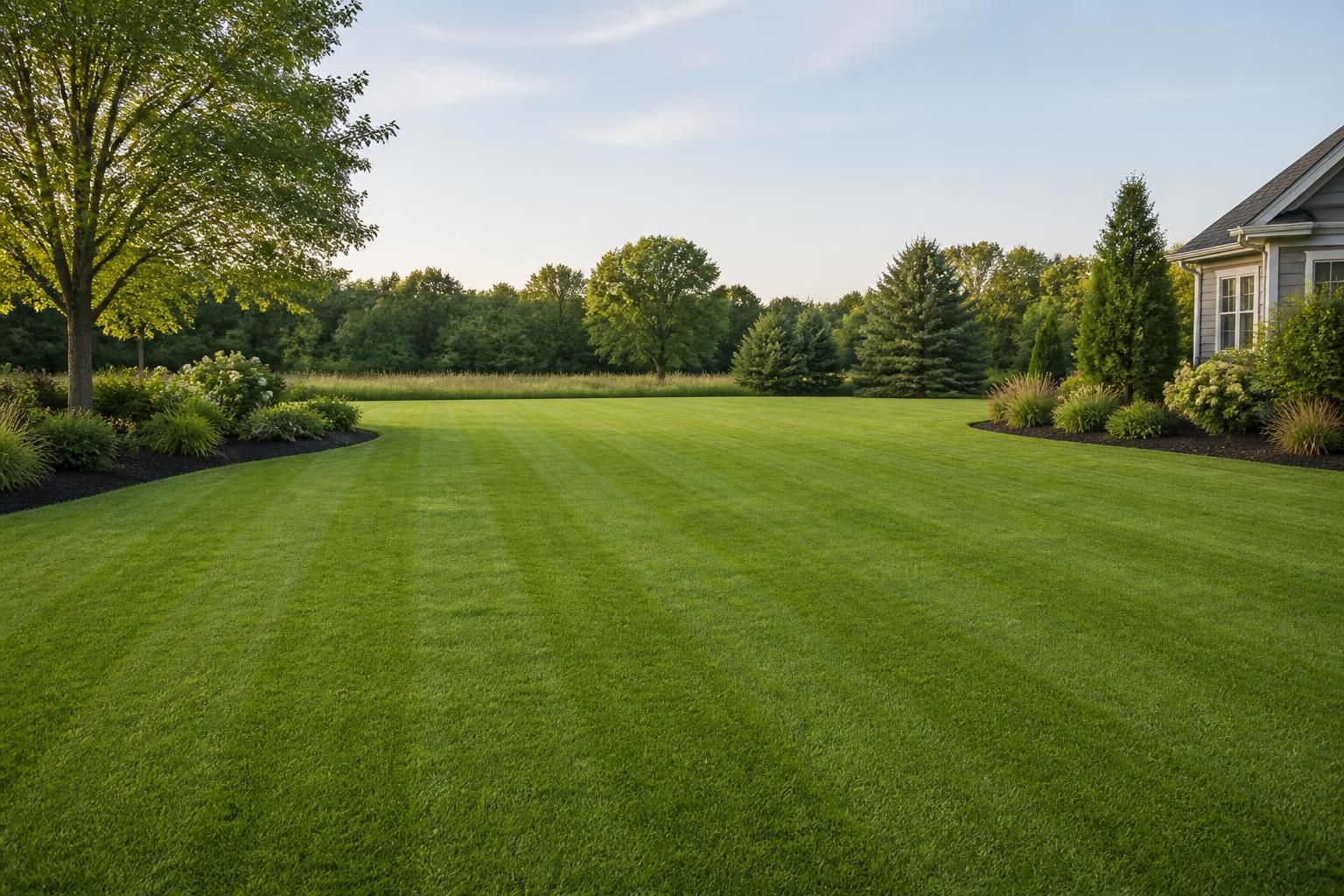 Clean residential lawn with even mowing lines and open space